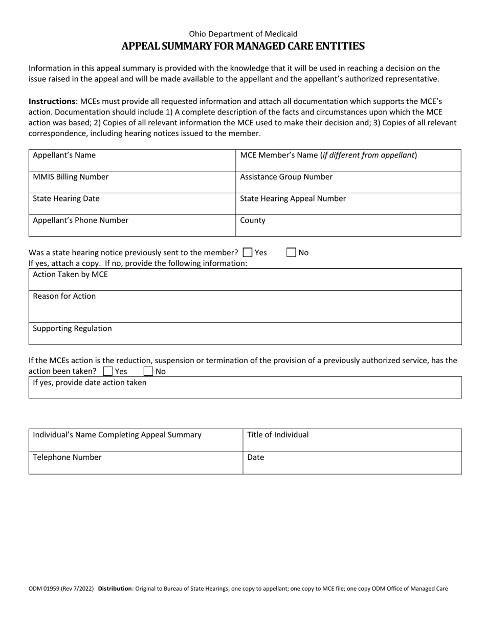 Form ODM01959 Appeal Summary for Managed Care Entities - Ohio, Page 1