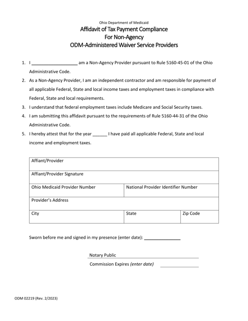 Form ODM02219 Affidavit of Tax Payment Compliance for Non-agency Odm-Administered Waiver Service Providers - Ohio