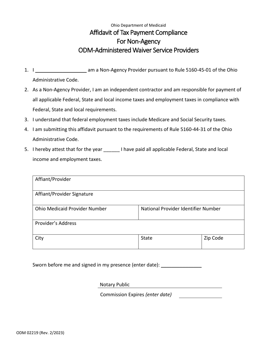 Form ODM02219 Affidavit of Tax Payment Compliance for Non-agency Odm-Administered Waiver Service Providers - Ohio, Page 1