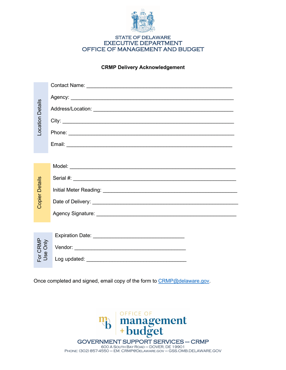 Copier Delivery Acknowledgement Form - Delaware, Page 1