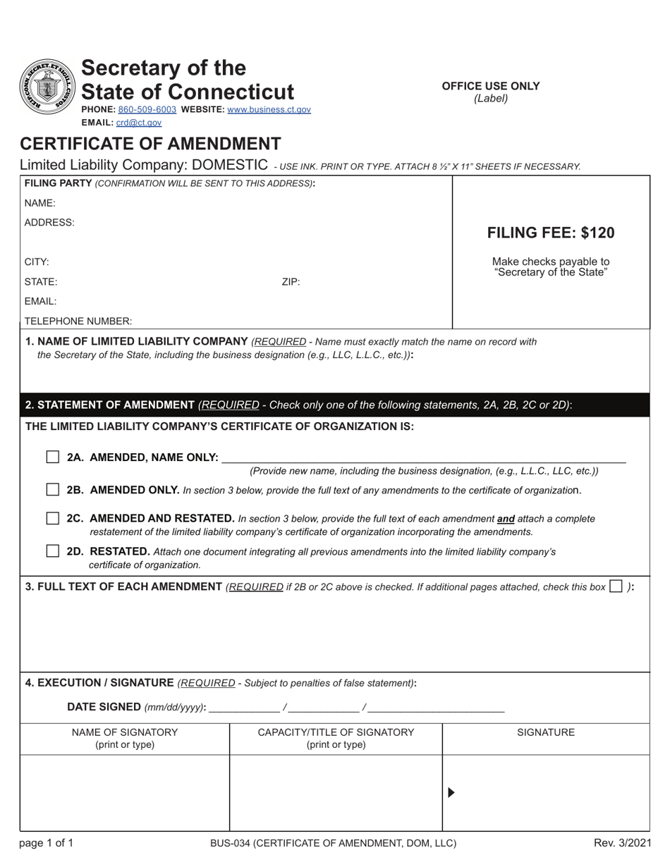 Form BUS-034 Certificate of Amendment - Limited Liability Company: Domestic - Connecticut, Page 1