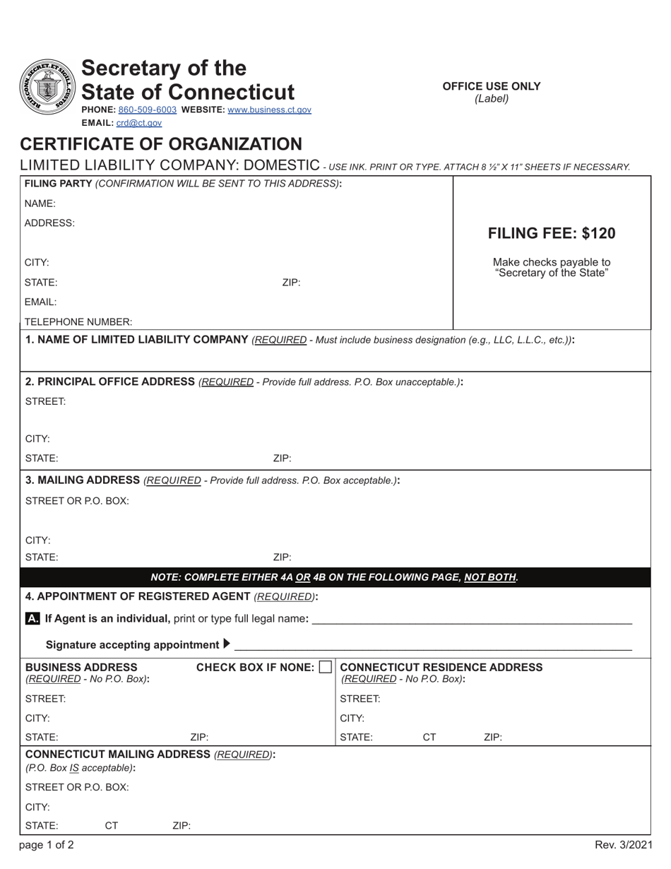 Certificate of Organization - Limited Liability Company: Domestic - Connecticut, Page 1