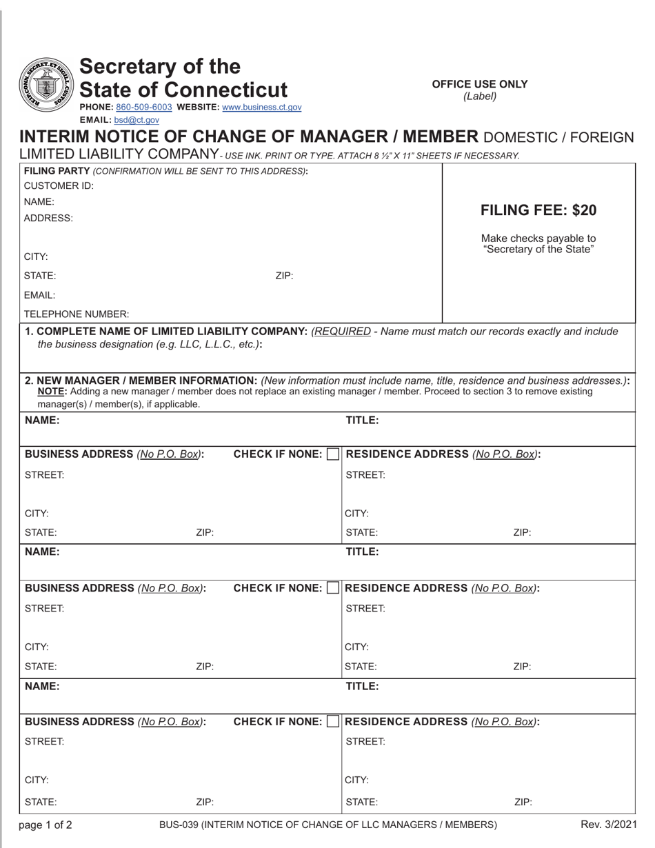 Form BUS-039 Interim Notice of Change of Manager / Member - Domestic / Foreign Limited Liability Company - Connecticut, Page 1