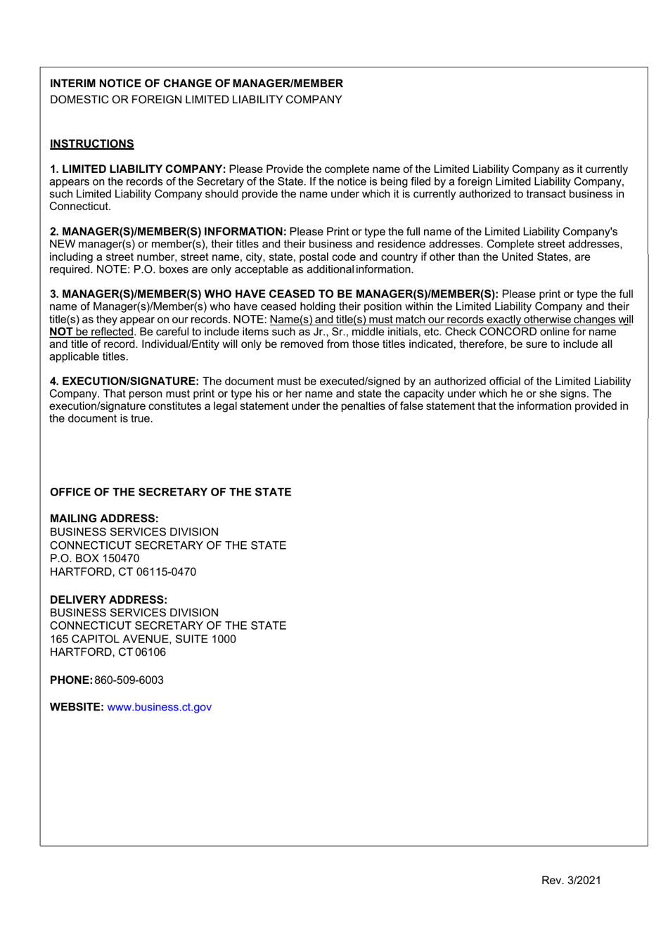 Form BUS-039 Interim Notice of Change of Manager / Member - Domestic / Foreign Limited Liability Company - Connecticut, Page 3