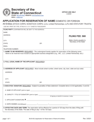Document preview: Form BUS-002 Application for Reservation of Name - Domestic or Foreign - All Entities (Stock Corps, Nonstock Corps, Llcs, Limited Partnerships, Llps and Statutory Trusts) - Connecticut