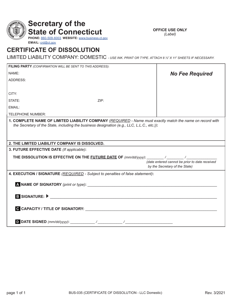 Form BUS-035 Certificate of Dissolution - Limited Liability Company: Domestic - Connecticut, Page 1