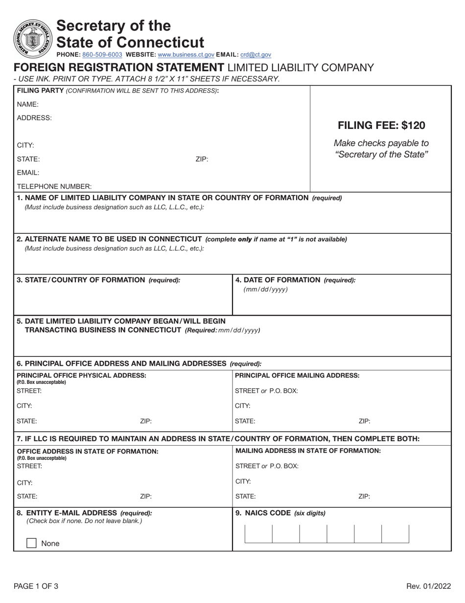 Foreign Registration Statement - Limited Liability Company - Connecticut, Page 1
