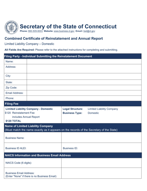 Combined Certificate of Reinstatement and Annual Report - Limited Liability Company - Domestic - Connecticut Download Pdf