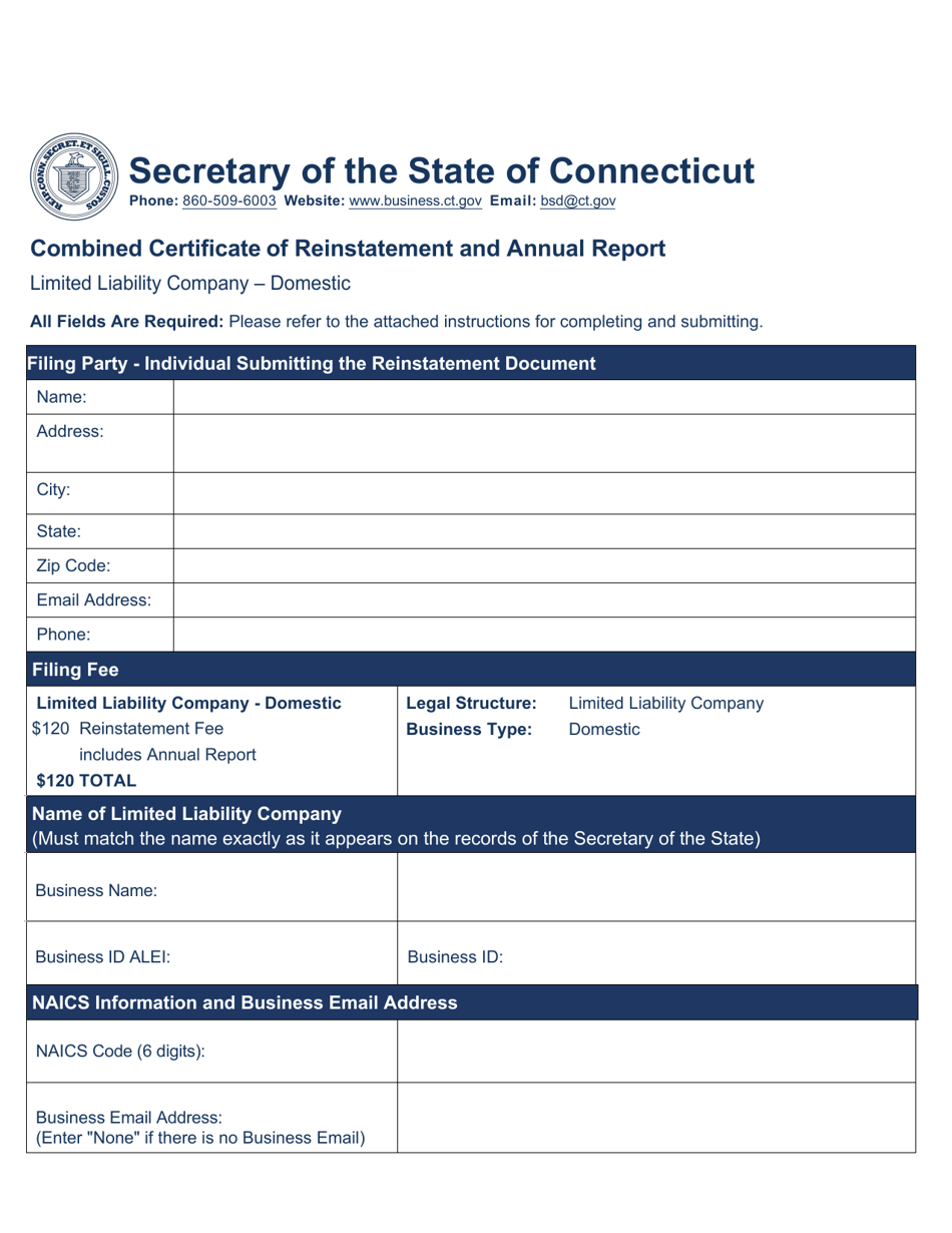 Combined Certificate of Reinstatement and Annual Report - Limited Liability Company - Domestic - Connecticut, Page 1