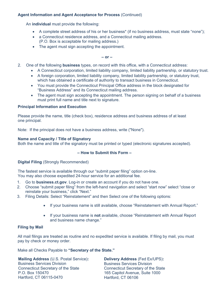 Connecticut Combined Certificate of Reinstatement and Annual Report ...