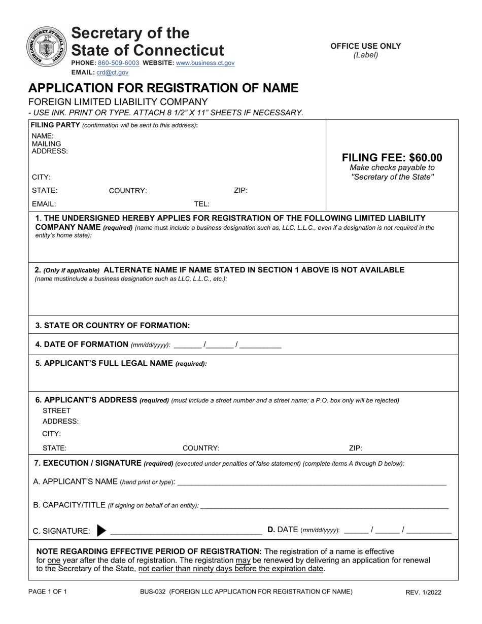 Application for Registration of Name - Foreign Limited Liability Company - Connecticut, Page 1