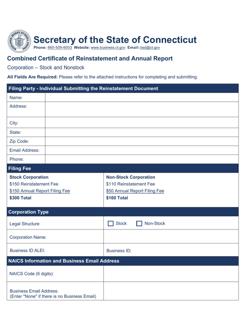 Combined Certificate of Reinstatement and Annual Report - Corporation - Stock and Nonstock - Connecticut
