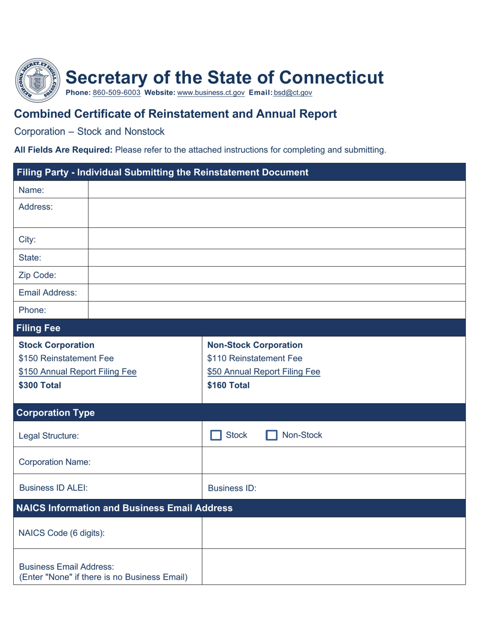 Combined Certificate of Reinstatement and Annual Report - Corporation - Stock and Nonstock - Connecticut, Page 1