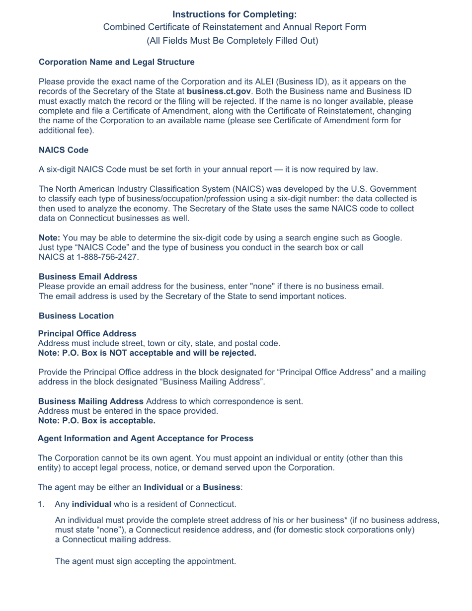 Connecticut Combined Certificate of Reinstatement and Annual Report ...