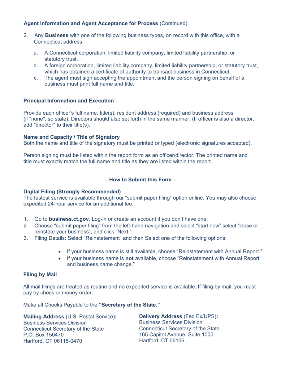 Combined Certificate of Reinstatement and Annual Report - Corporation - Stock and Nonstock - Connecticut, Page 5