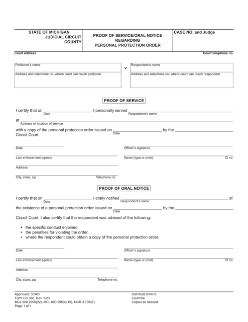 Form CC386 Proof of Service/Oral Notice Regarding Personal Protection Order - Michigan