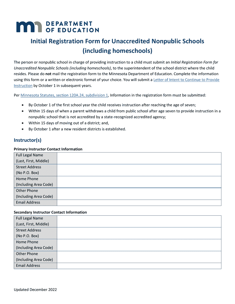 Initial Registration Form for Unaccredited Nonpublic Schools (Including Homeschools) - Minnesota, Page 1