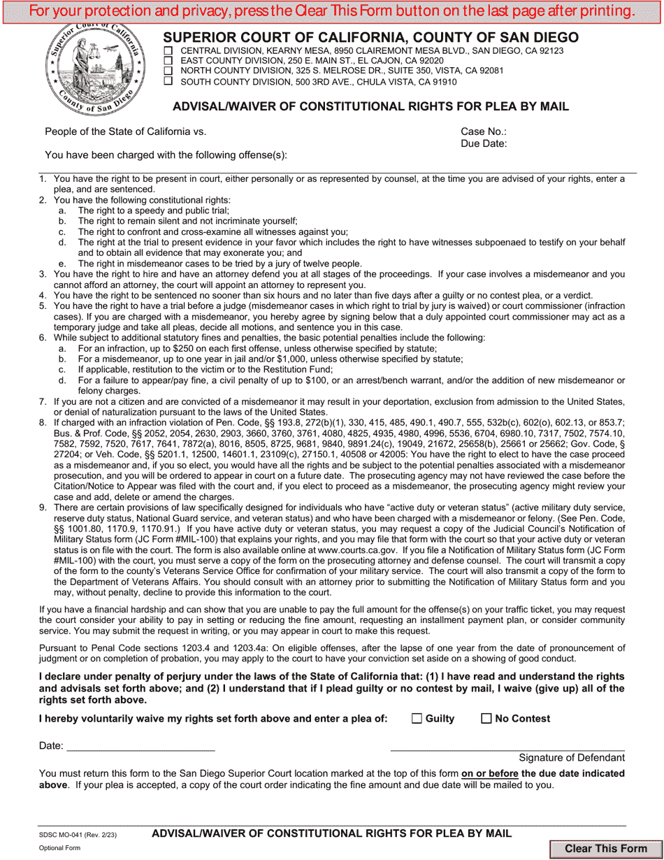 Form MO-041 Advisal / Waiver of Constitutional Rights for Plea by Mail - County of San Diego, California, Page 1