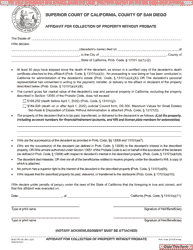 Document preview: Form PR-132 Affidavit for Collection of Property Without Probate - County of San Diego, California