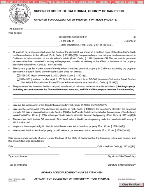 Form PR-132 Affidavit for Collection of Property Without Probate - County of San Diego, California