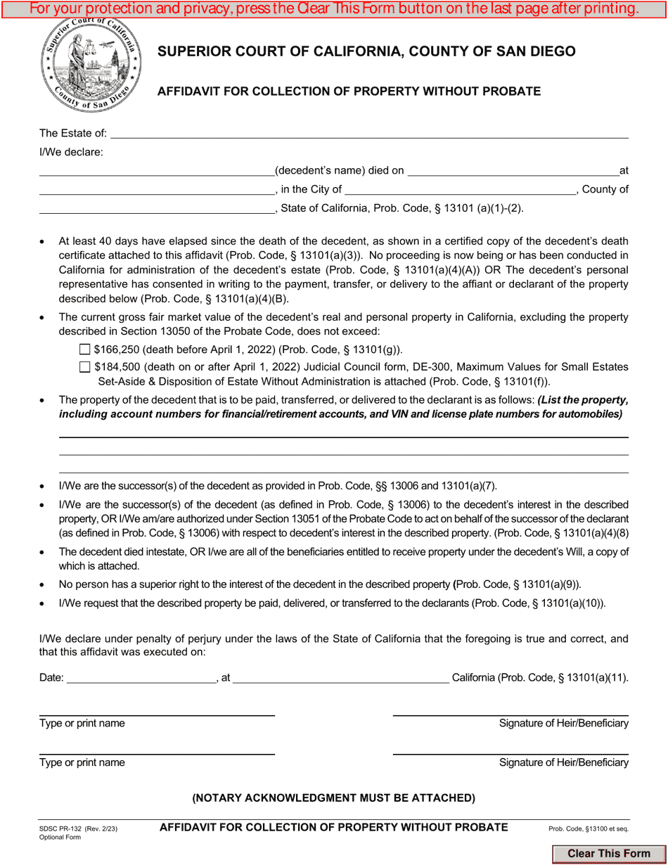Form PR-132 Affidavit for Collection of Property Without Probate - County of San Diego, California, Page 1