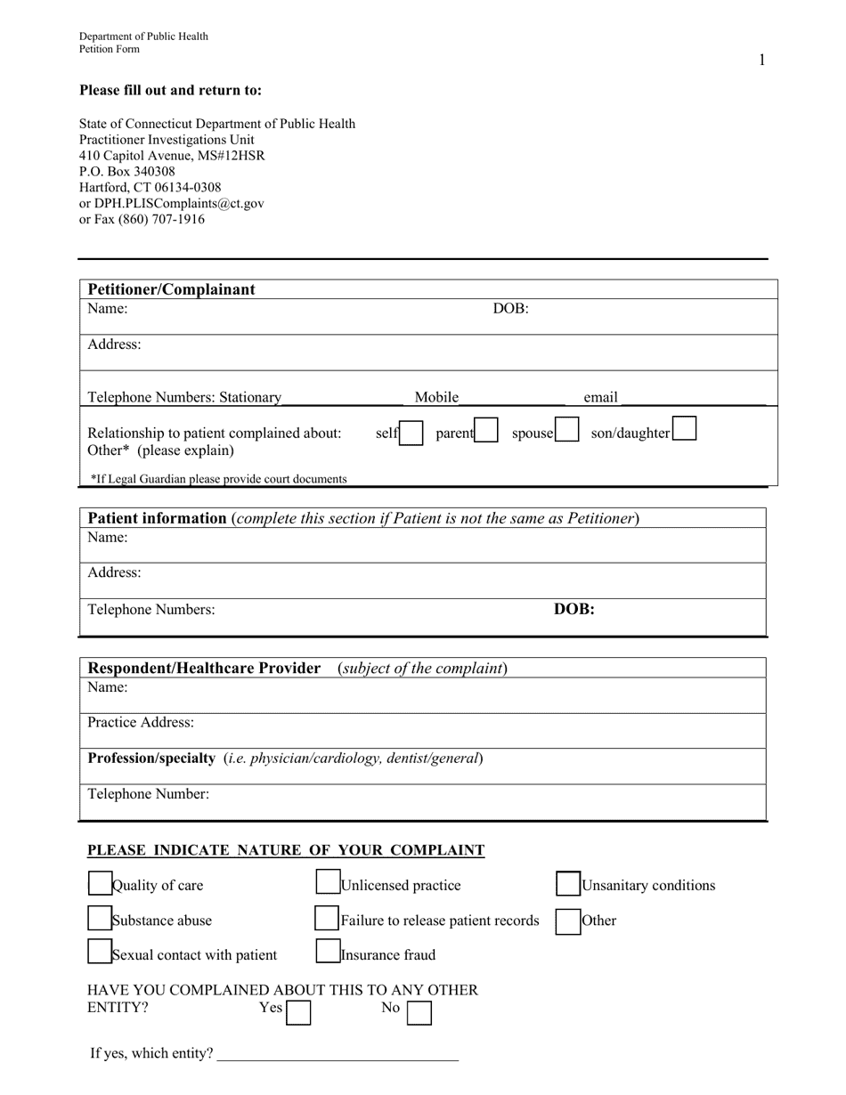 Individual Health Care Provider Complaint Form - Connecticut, Page 1