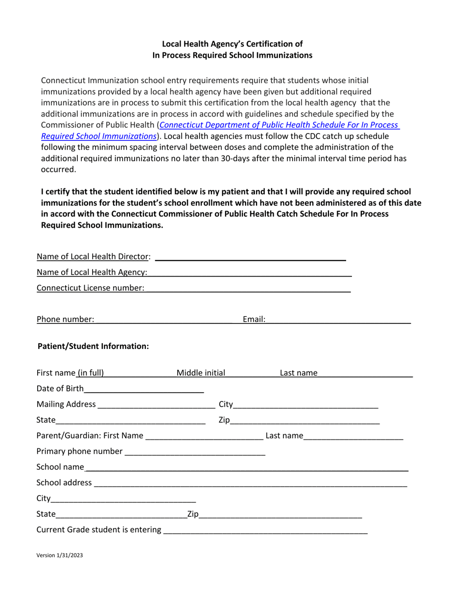 Local Health Agencys Certification of in Process Required School Immunizations - Connecticut, Page 1