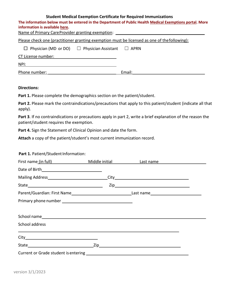 Student Medical Exemption Certificate for Required Immunizations - Connecticut, Page 1