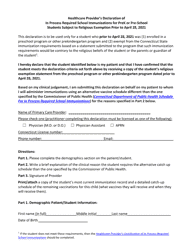 Document preview: Healthcare Provider's Declaration of in Process Required School Immunizations for Prek or Pre-school Students Subject to Religious Exemption Prior to April 28, 2021 - Connecticut