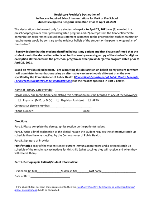 Healthcare Provider's Declaration of in Process Required School Immunizations for Prek or Pre-school Students Subject to Religious Exemption Prior to April 28, 2021 - Connecticut Download Pdf