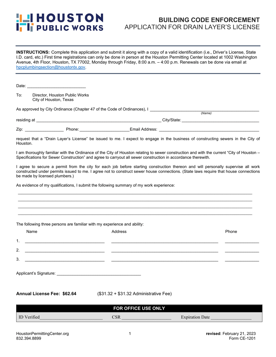 Form CE-1201 Application for Drain Layers License - City of Houston, Texas, Page 1