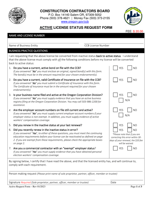 Active License Status Request Form - Oregon Download Pdf