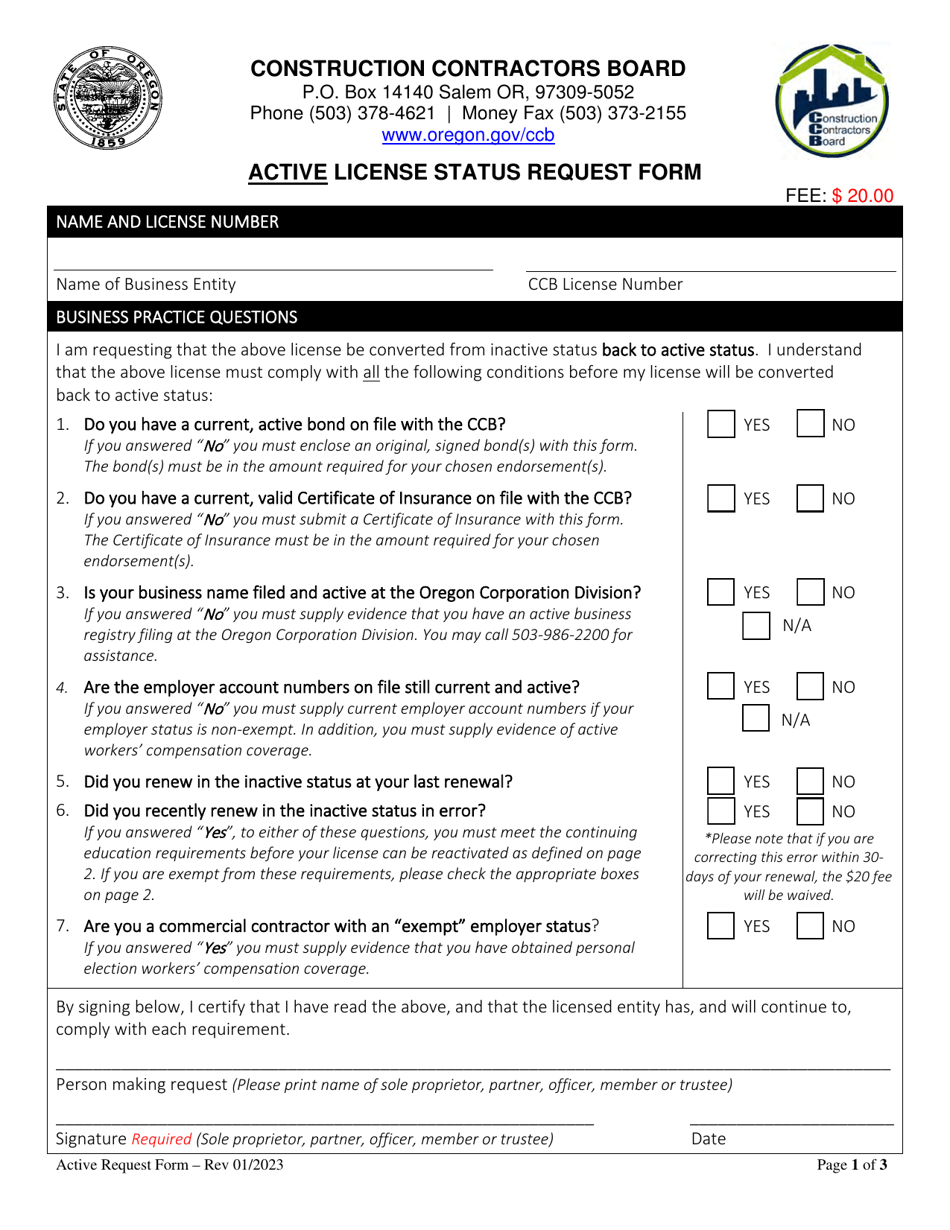 Active License Status Request Form - Oregon, Page 1