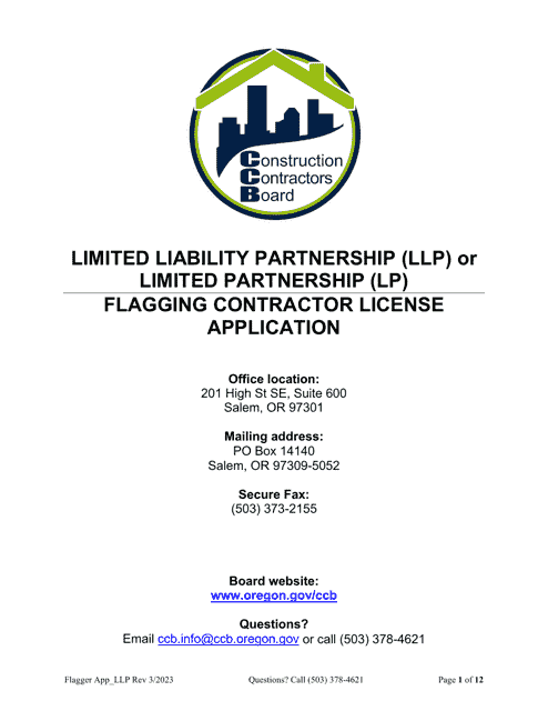 Flagging Contractor License Application for Limited Liability Partnership (LLP ) or Limited Partnership (Lp) - Oregon Download Pdf