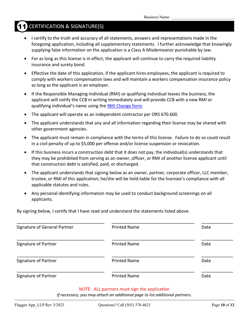 Flagging Contractor License Application for Limited Liability Partnership (LLP ) or Limited Partnership (Lp) - Oregon, Page 10