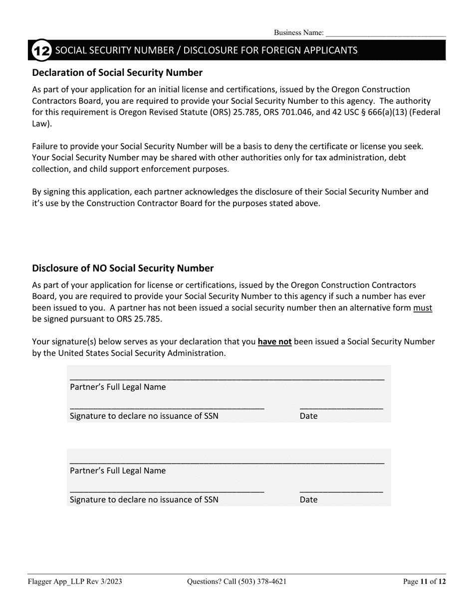 Flagging Contractor License Application for Limited Liability Partnership (LLP ) or Limited Partnership (Lp) - Oregon, Page 11