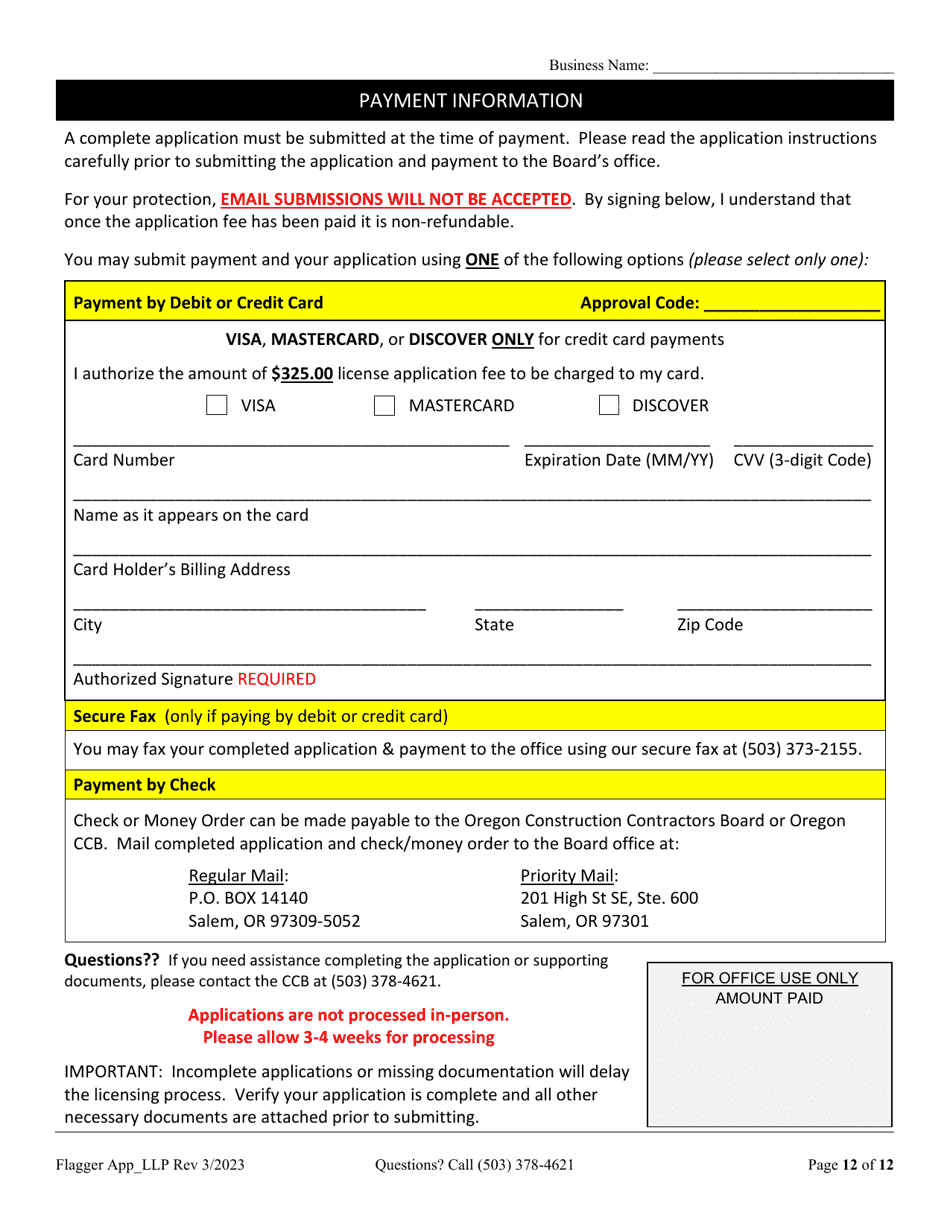 Flagging Contractor License Application for Limited Liability Partnership (LLP ) or Limited Partnership (Lp) - Oregon, Page 12