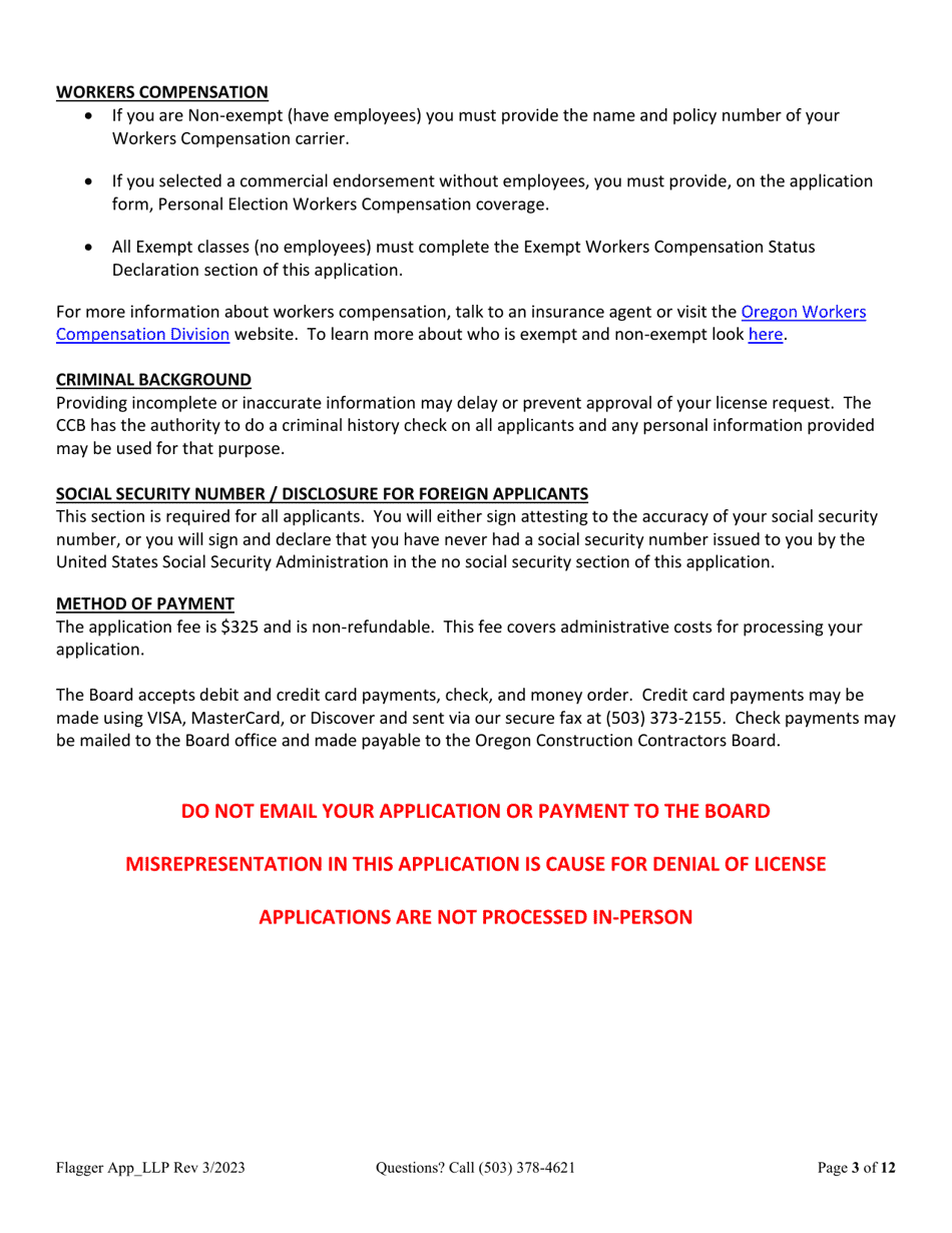 Flagging Contractor License Application for Limited Liability Partnership (LLP ) or Limited Partnership (Lp) - Oregon, Page 3