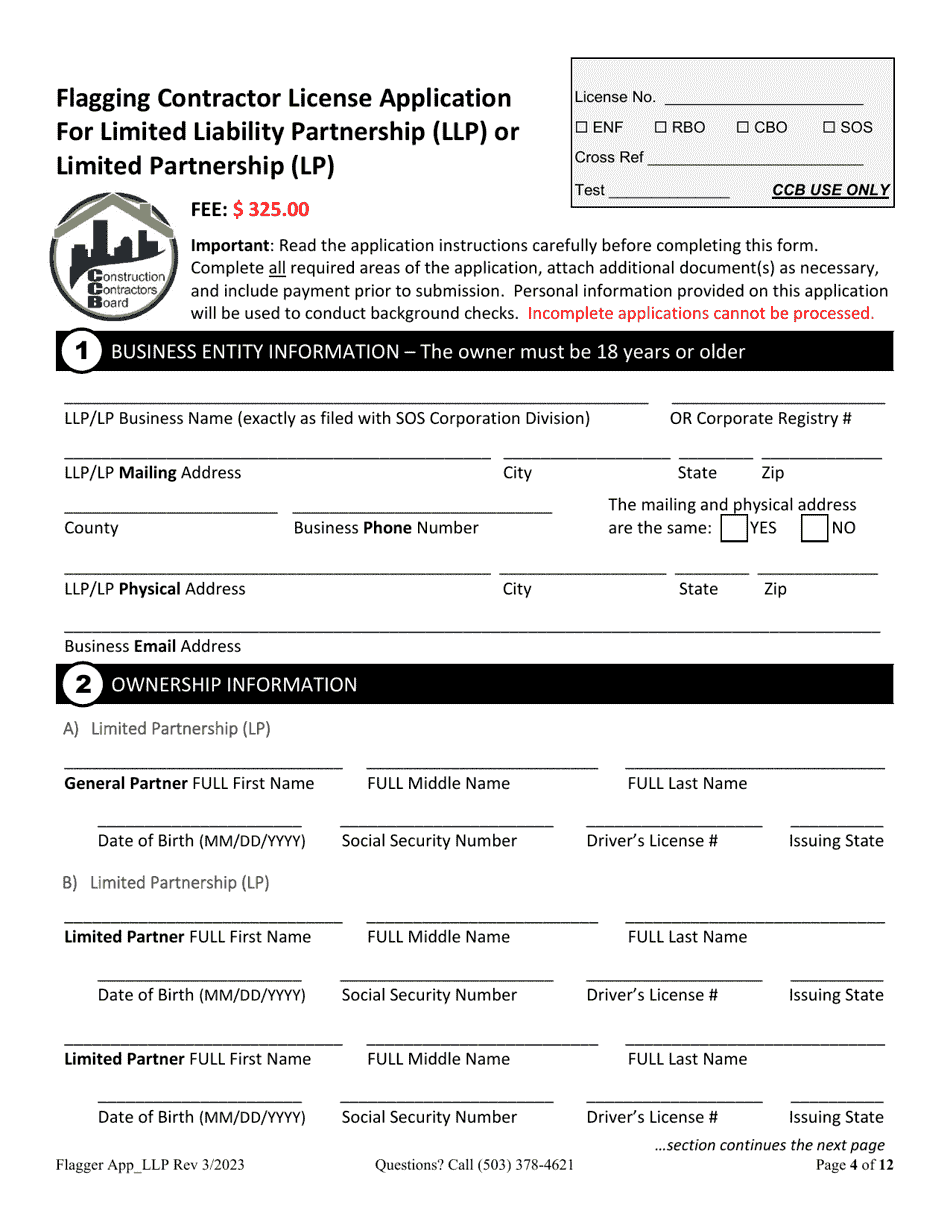 Flagging Contractor License Application for Limited Liability Partnership (LLP ) or Limited Partnership (Lp) - Oregon, Page 4