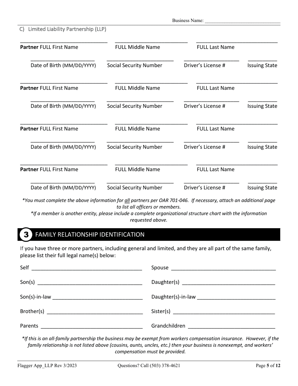 Flagging Contractor License Application for Limited Liability Partnership (LLP ) or Limited Partnership (Lp) - Oregon, Page 5