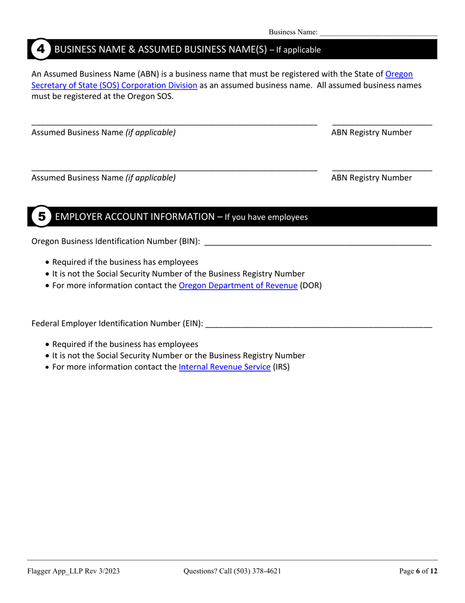 Flagging Contractor License Application for Limited Liability Partnership (LLP ) or Limited Partnership (Lp) - Oregon, Page 6