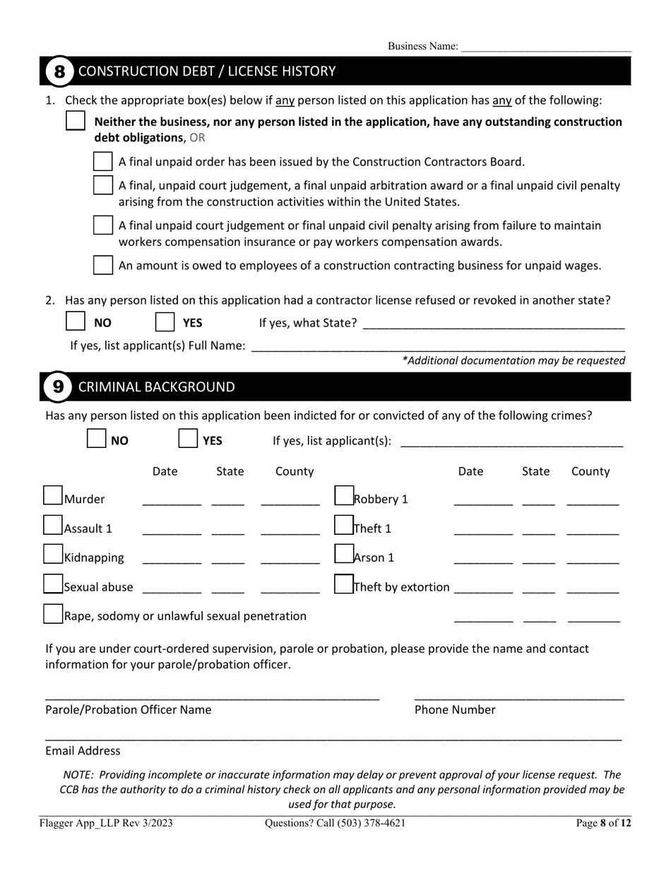 Flagging Contractor License Application for Limited Liability Partnership (LLP ) or Limited Partnership (Lp) - Oregon, Page 8