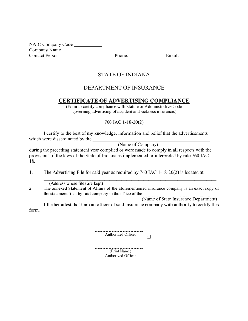 Certificate of Advertising Compliance - Indiana, Page 1