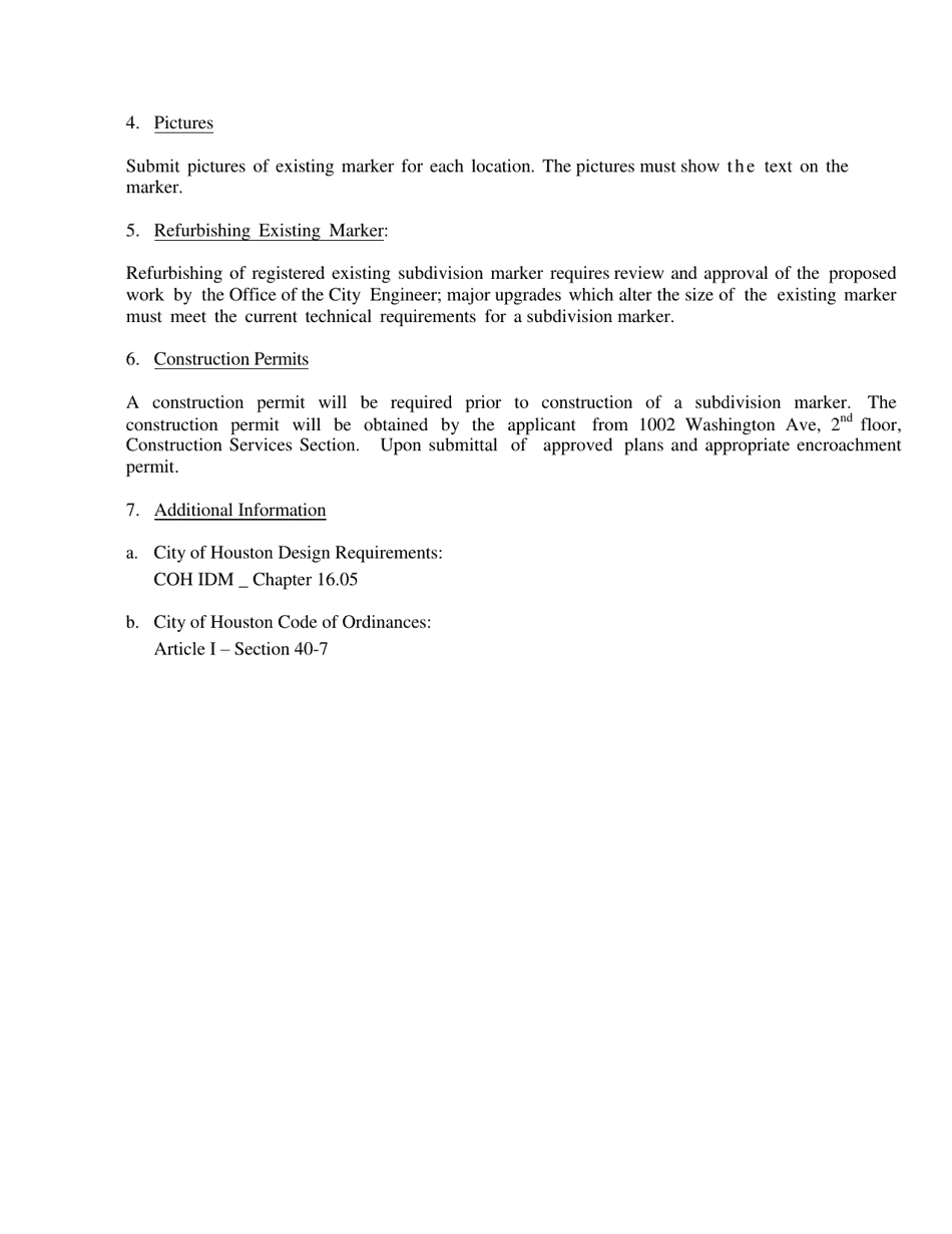 Subdivision Marker Application Form - City of Houston, Texas, Page 4