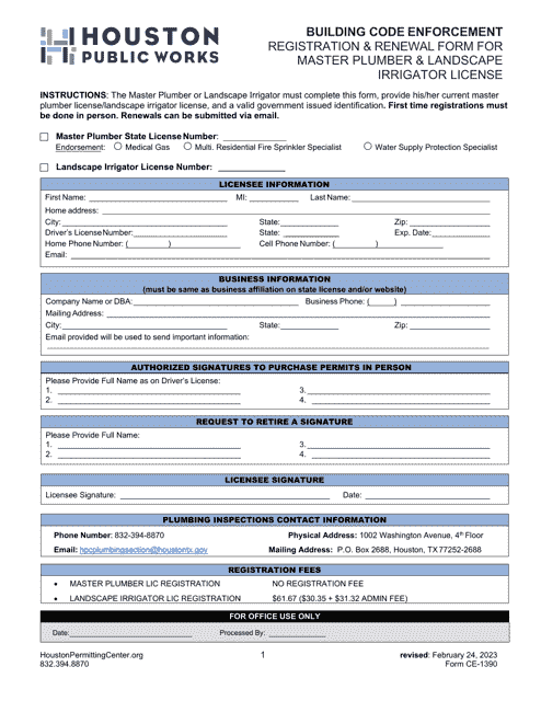 Form CE-1390 Registration & Renewal Form for Master Plumber & Landscape Irrigator License - City of Houston, Texas
