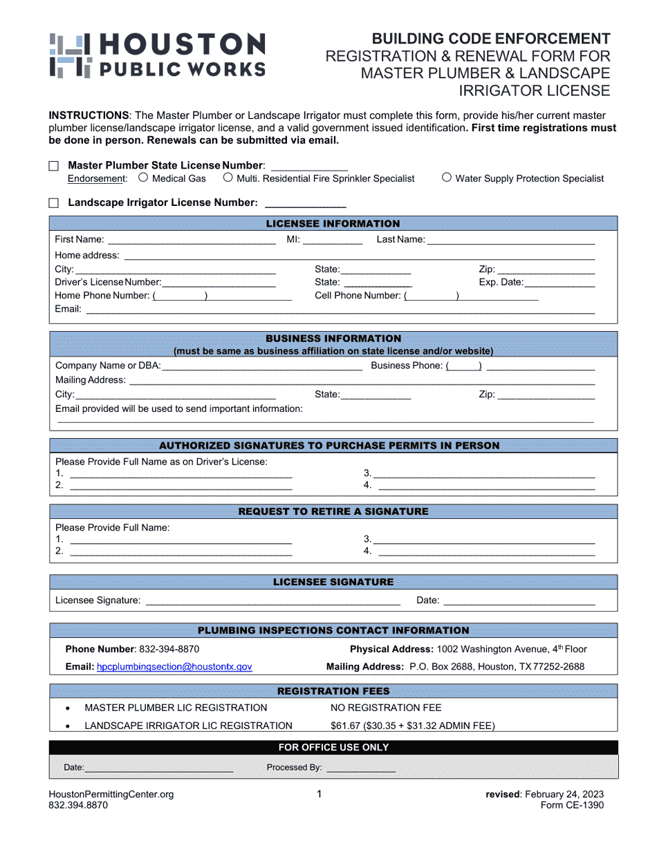 Form CE-1390 Registration  Renewal Form for Master Plumber  Landscape Irrigator License - City of Houston, Texas, Page 1