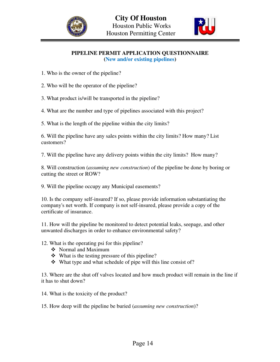 Pipeline Street Crossing Permit Application Package - City of Houston, Texas, Page 14
