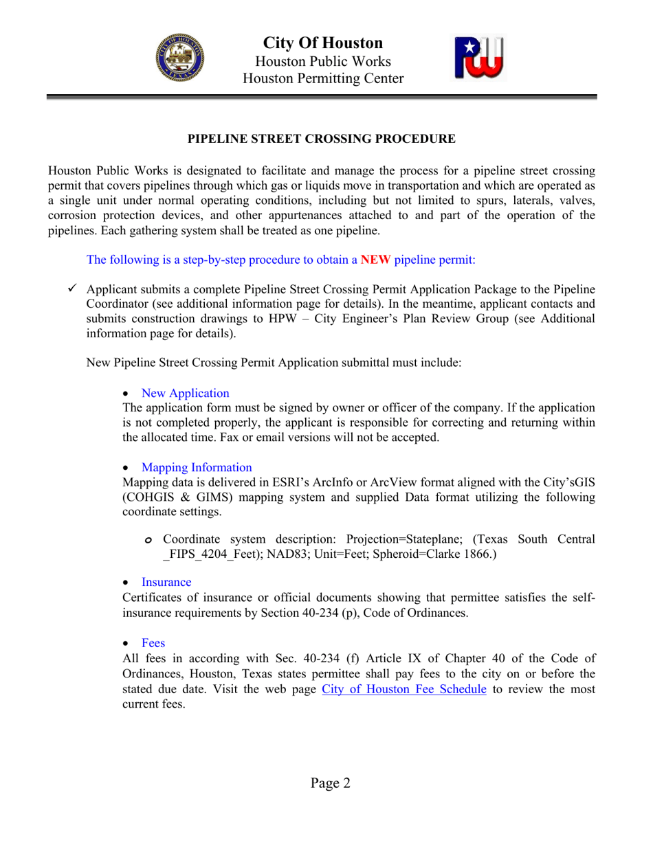 Pipeline Street Crossing Permit Application Package - City of Houston, Texas, Page 2