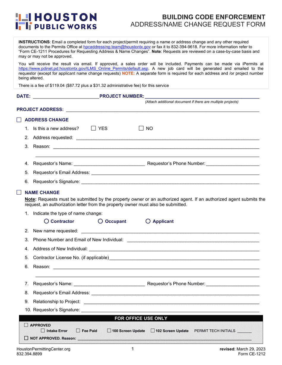 Form CE-1212 Address / Name Change Request Form - City of Houston, Texas, Page 1