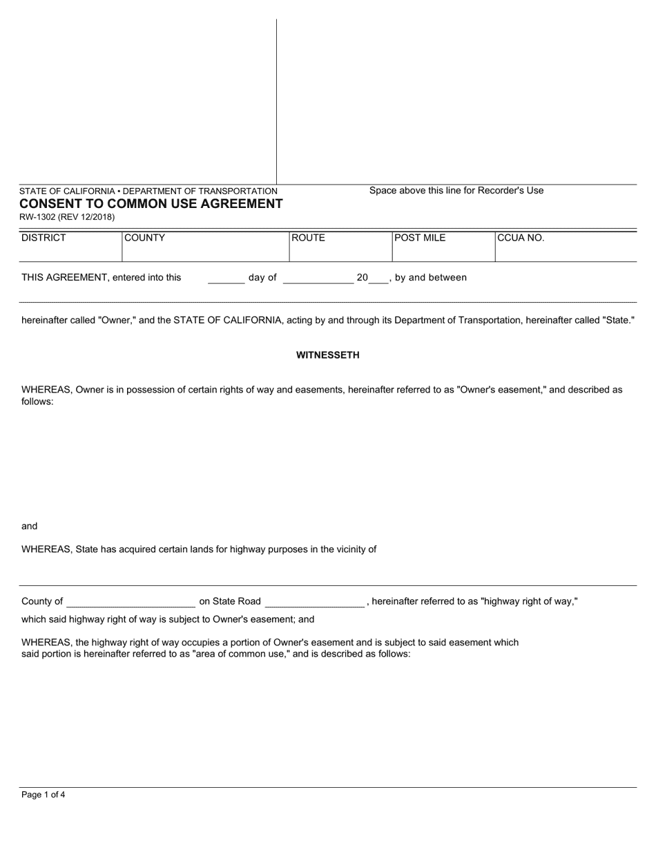 Form RW-1302 Consent to Common Use Agreement - California, Page 1